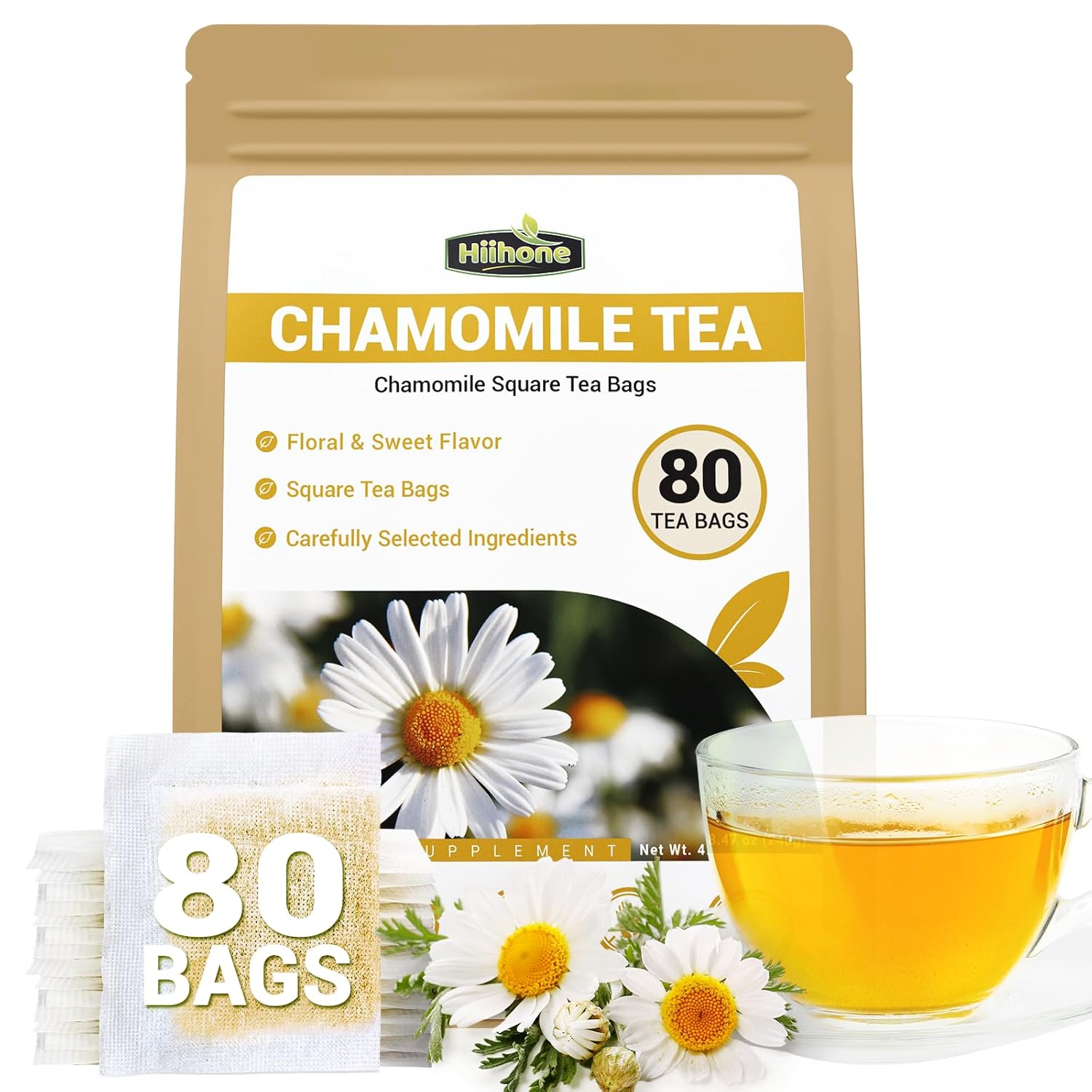 Chamomile Tea Bags, Chamomile Flower Herbal Tea with Sugar-Free, Caffeine-Free, 80 Teabags
