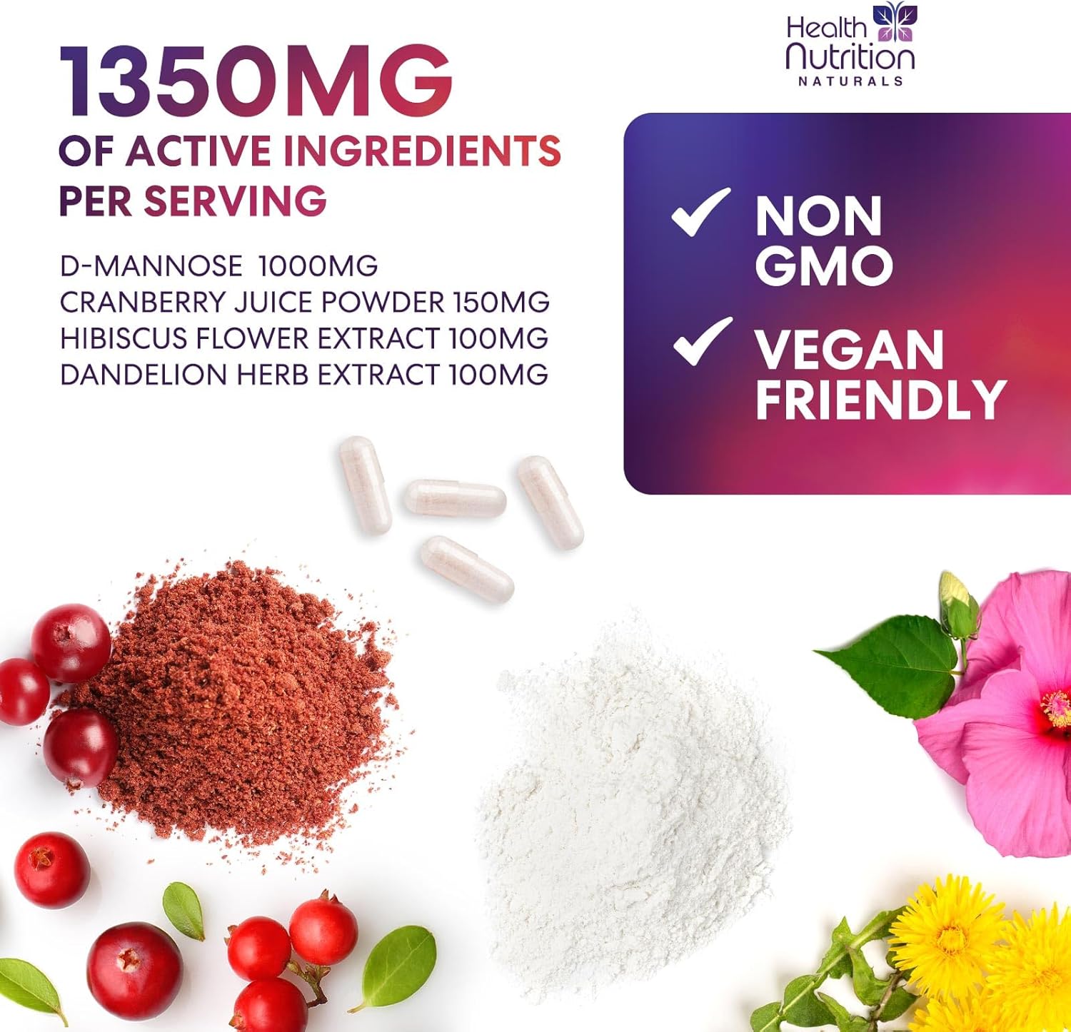 D-Mannose Supplement 1,350mg - with Cranberry, Hibiscus & Dandelion - Fast-Acting, Natural Urinary Tract & Bladder Support for Women & Men – Flush & Cleanse Impurities – Non-GMO, Vegan – 120 Capsules