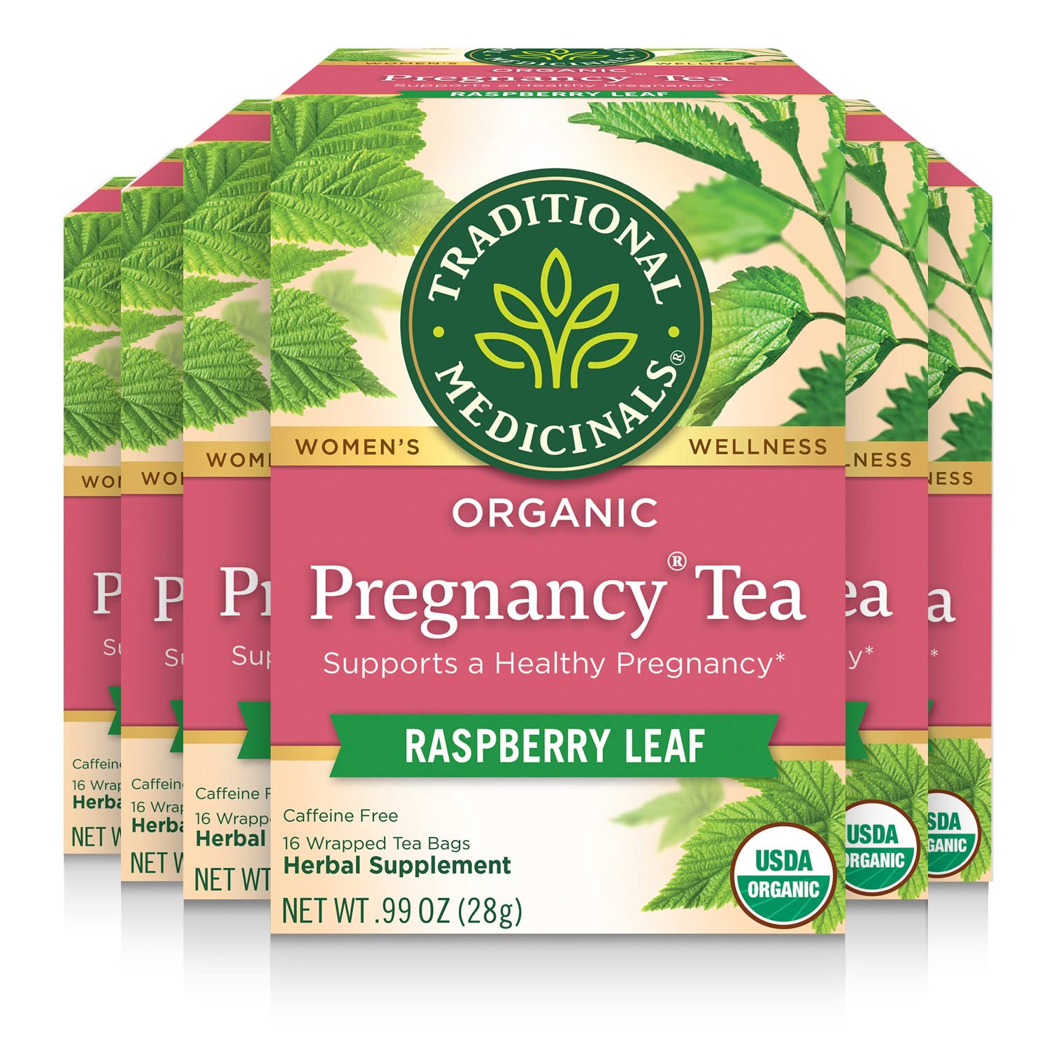 Traditional Medicinals Tea, Organic Pregnancy Tea, Supports a Healthy Pregnancy, Raspberry Leaf, Kosher, Non-GMO, Caffeine-Free, Compostable - 96 Tea Bags (6 Pack)