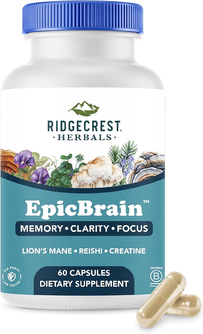 RidgeCrest Herbals EpicBrain, Natural Brain Support Supplement with Creatine Monohydrate, Lion's Mane, Reishi, Supports Mental Clarity, Memory, Focus, Stimulant-Free Nootropic (60 Count, 30 Servings)