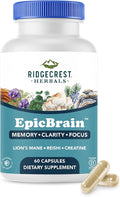 RidgeCrest Herbals EpicBrain, Natural Brain Support Supplement with Creatine Monohydrate, Lion's Mane, Reishi, Supports Mental Clarity, Memory, Focus, Stimulant-Free Nootropic (60 Count, 30 Servings)