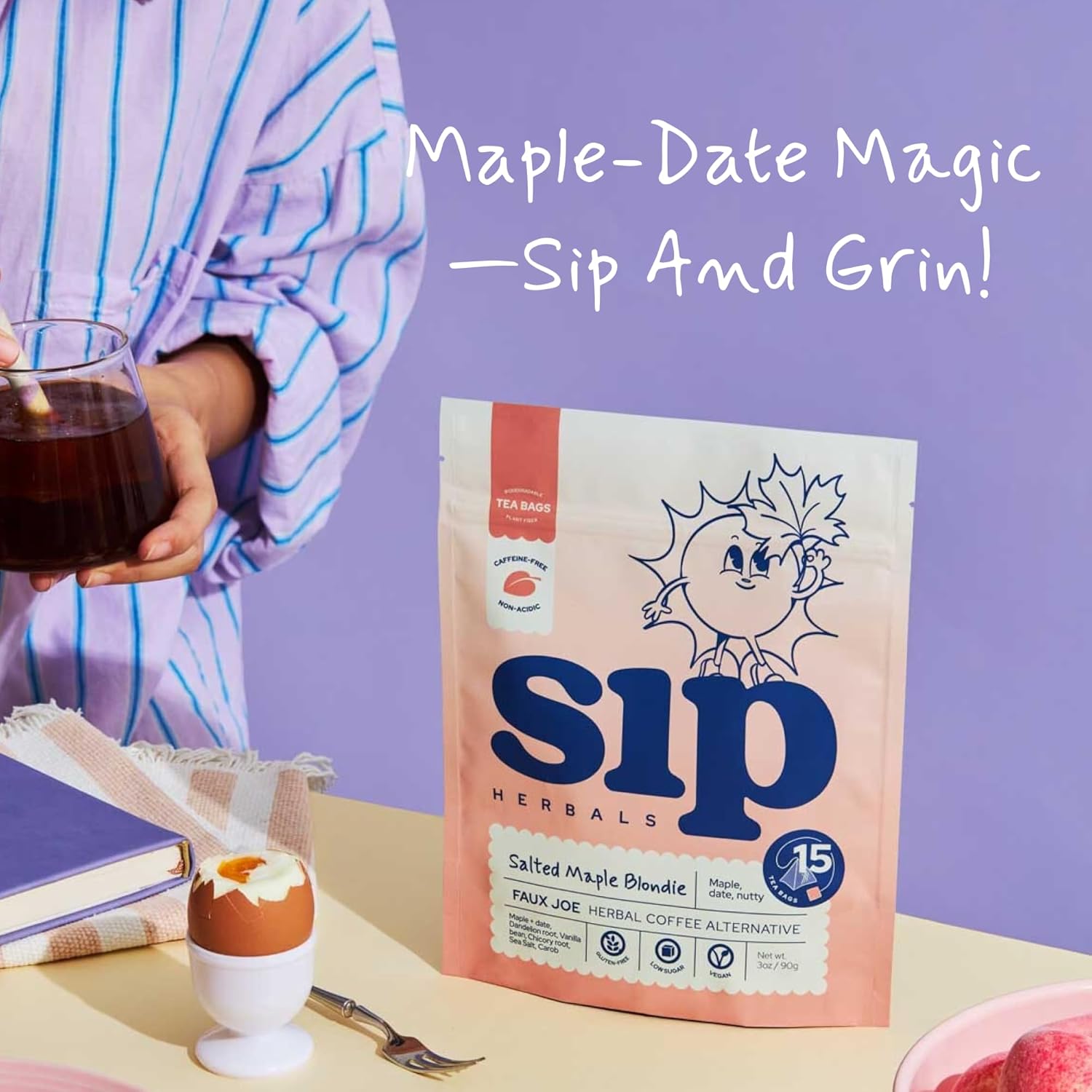Sip Herbals Salted Maple Blondie Roast Coffee Alternative Loose Leaf - Caffeine-Free Blend with Dandelion Root & Chicory - Smooth Maple Flavor, Vegan & Herbal Drink, As Seen on Shark Tank - 15 Servings