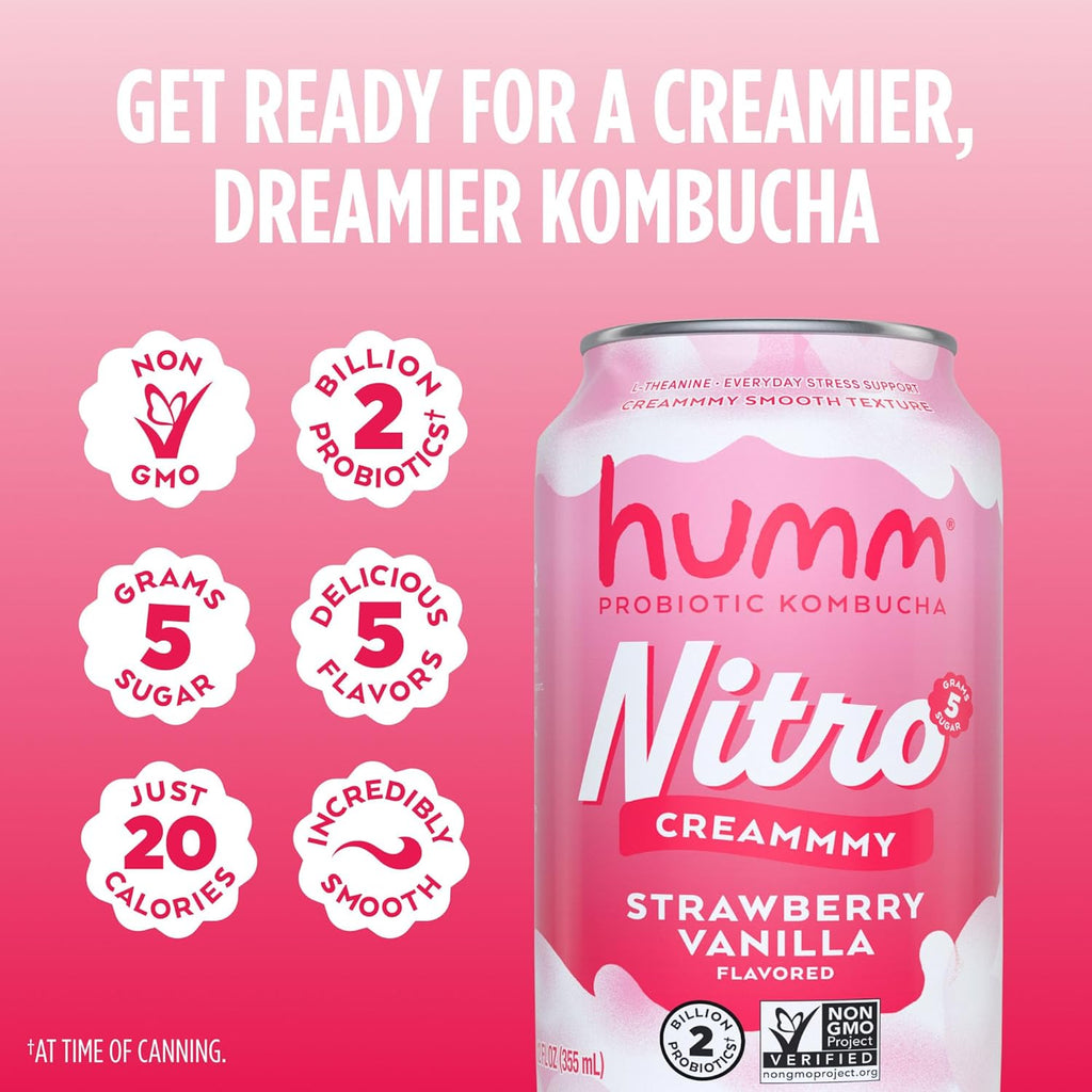 Humm Nitro Kombucha Strawberry Vanilla, Creamy Smooth Probiotic Drink with L-Theanine, Non-GMO, Vegan, Gluten Free, 12 fl oz (Pack of 24)