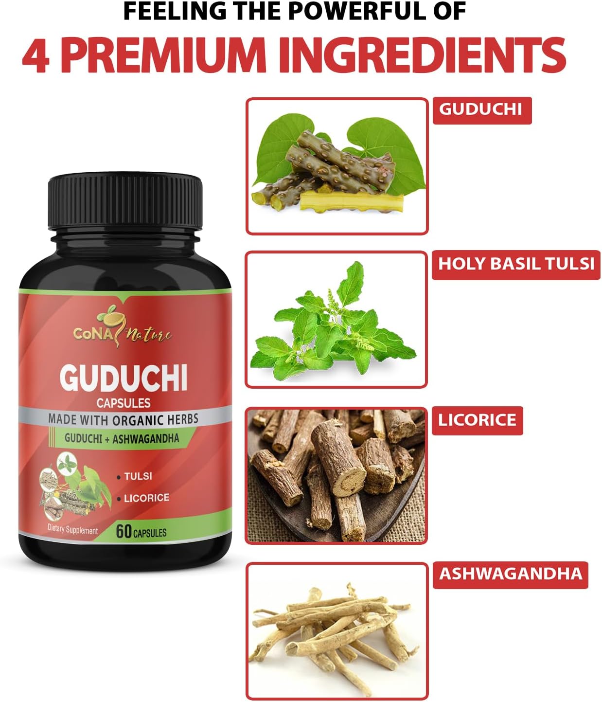 Organic Giloy Guduchi Extract Capsules & Ashwagandha, Licorice, Holy Basil | Immune Booster