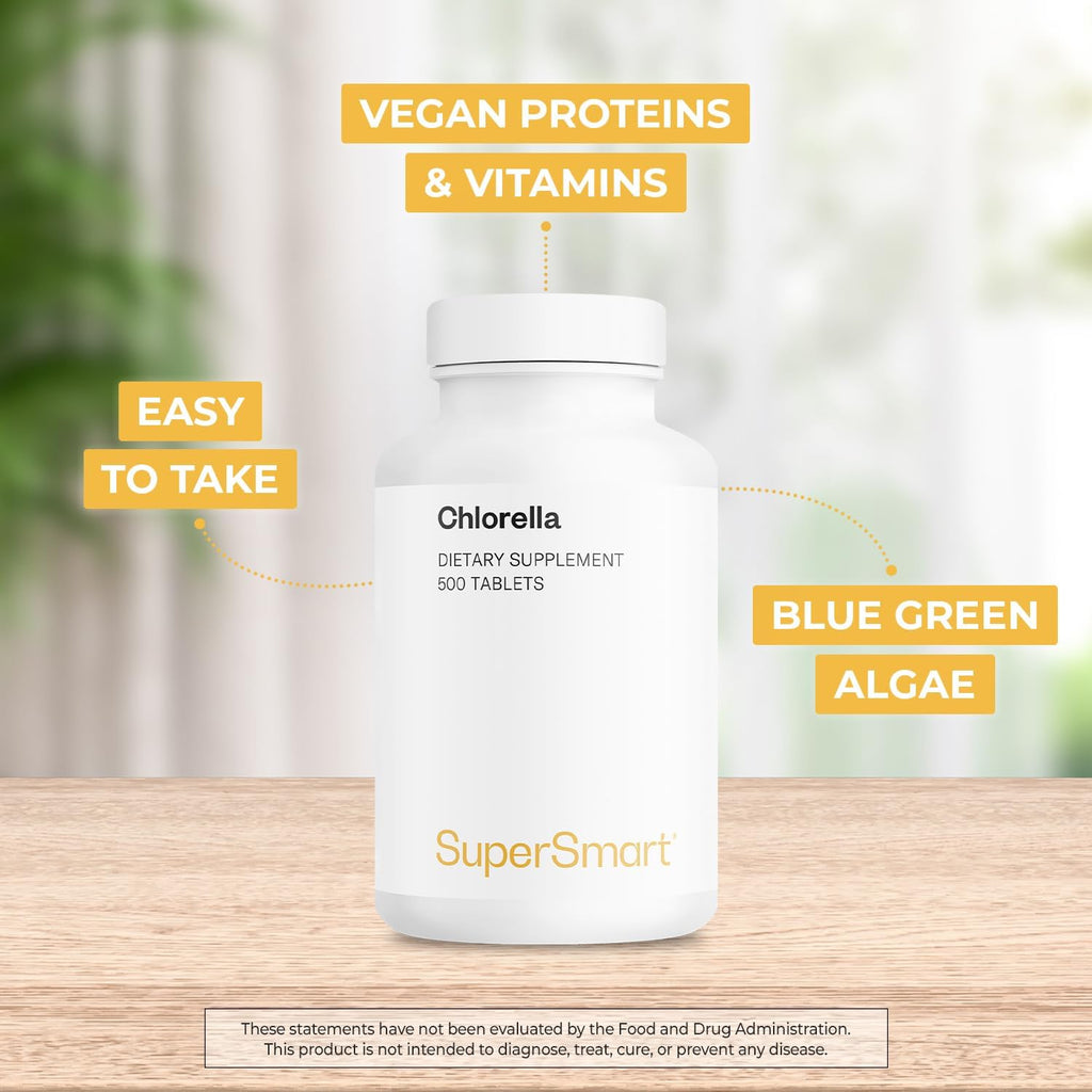 Supersmart - Chlorella Supplement 4 g per Day (Easy-to-Take) - Rich in Vitamin B2, B9, B12 & Iron - High Chlorophyll Concentration | Non-GMO & Gluten Free - 500 Tablets