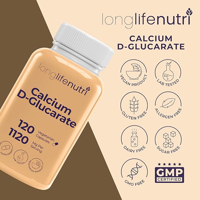 Calcium D-Glucarate - 120 Vegetarian Capsules, 2-Month Supply, 1120mg per Serving for Detox Support & Internal Balance, Non-GMO, Gluten Free, Made in USA, GMP Certified