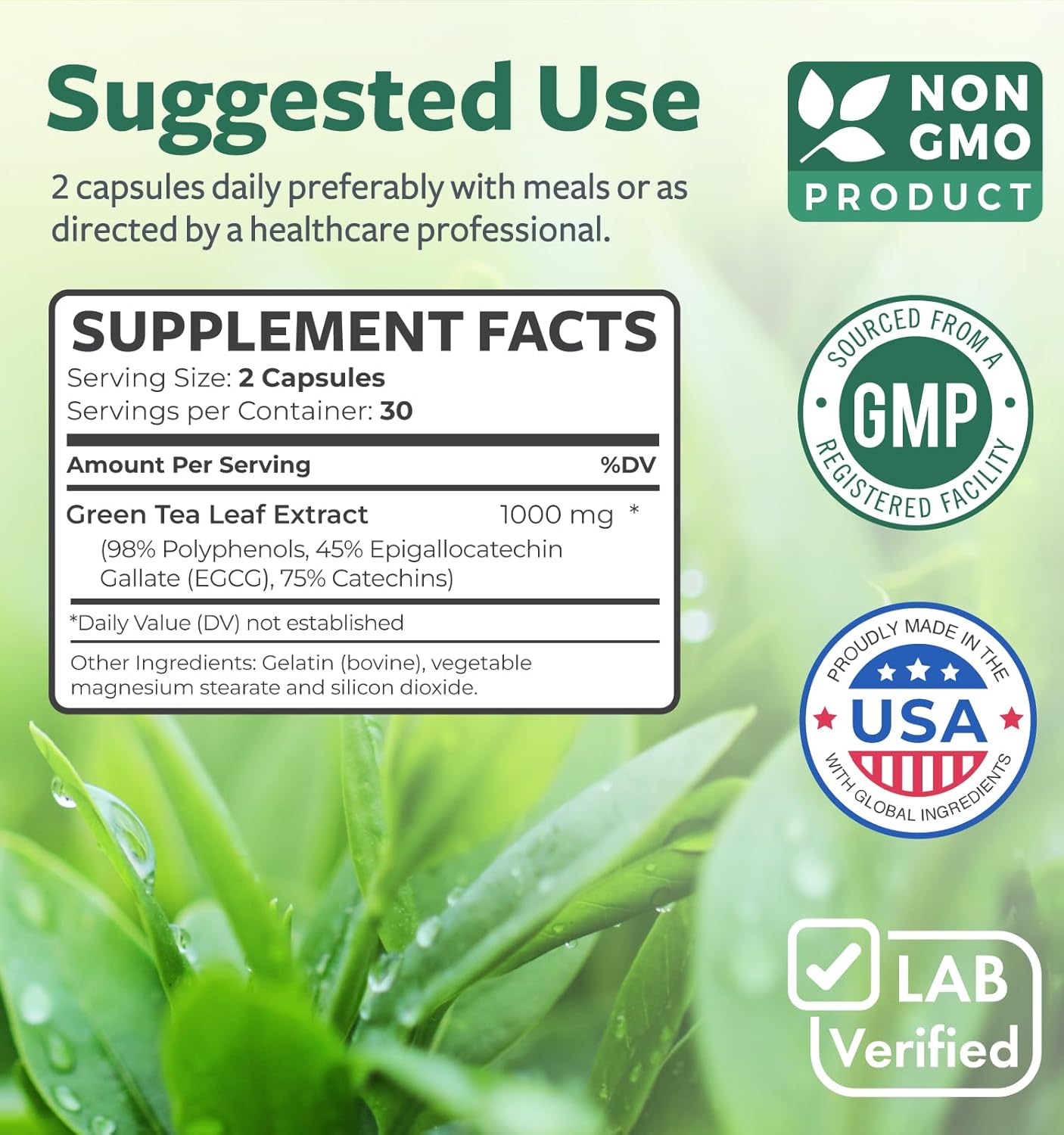 EGCG Green Tea Extract Capsules - Super High Potency Green Tea Pills Antioxidant Rich Formula Packed with Polyphenols Catechins & EGCG - 500mg Per Capsule - Non-GMO & Made in the USA (1 Month Supply)