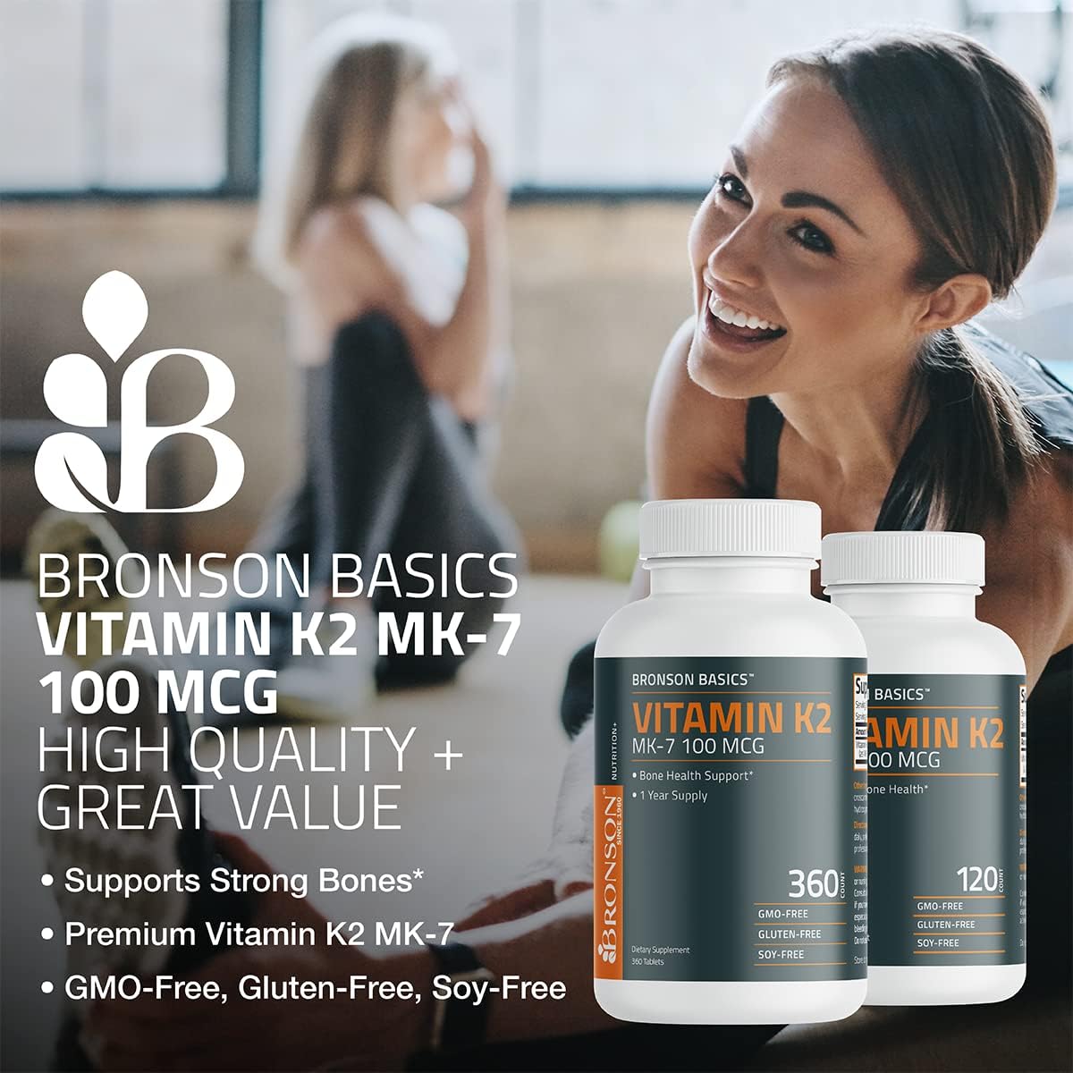 Bronson Vitamin K2 MK-7 100 MCG, K2 as MK7 Menaquinone, Bone Support 1 Year Supply, 360 Tablets