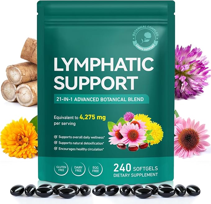 Lymphatic Drainage Supplements-4275mg Echinacea, Dandelion, Burdock Root|21-In-1 Botanical Complex for Lymph System, Balance, Cleanse, Overall Vitality, Less Bloating|Safe & Clean Formula|240 Softgels