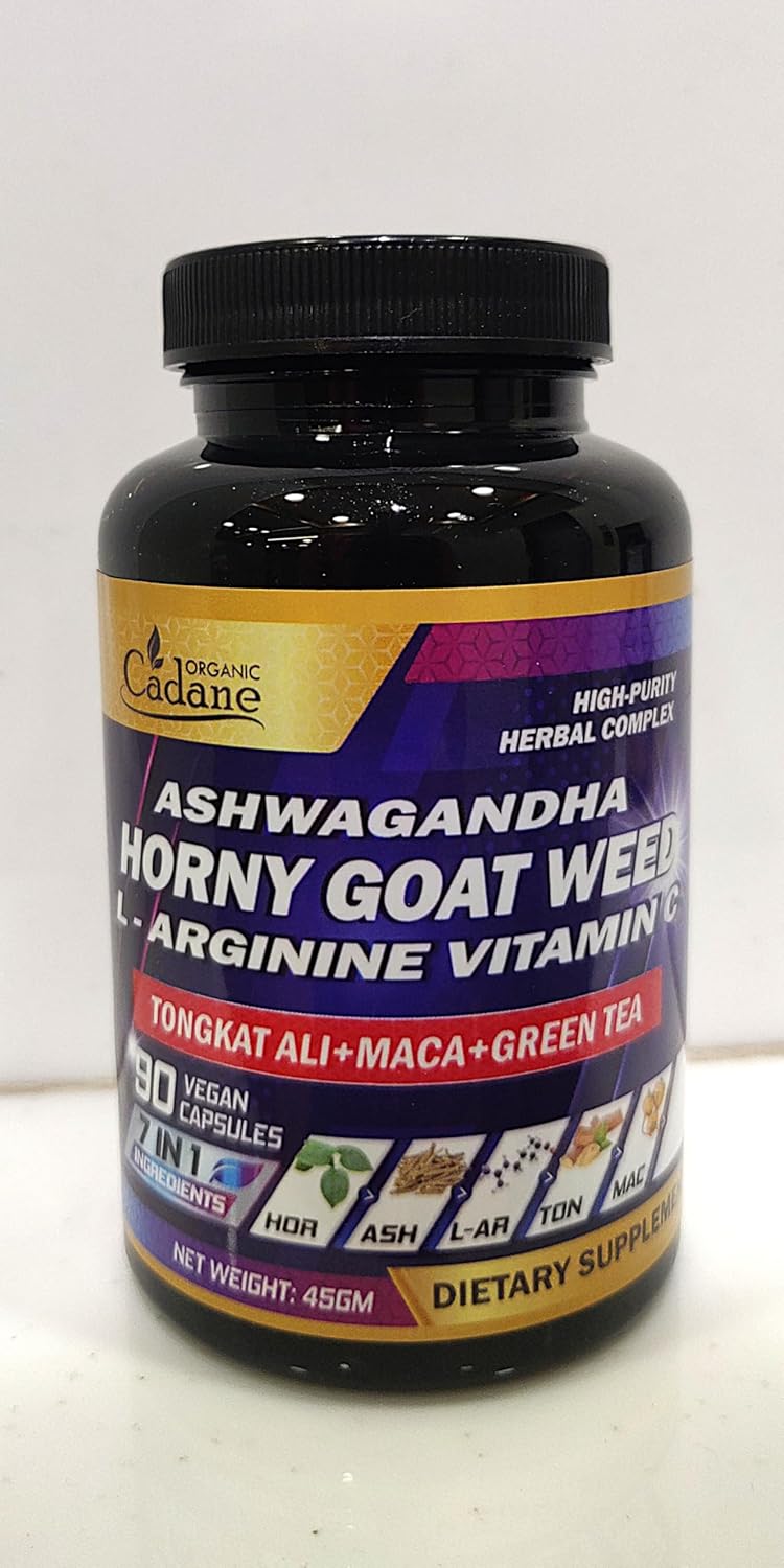 Organic Cadane Horny Goat Weed Supplement - 7in1 Blended with VIT C, Ashwagandha Root, L-Arginine & More - 90 Capsules