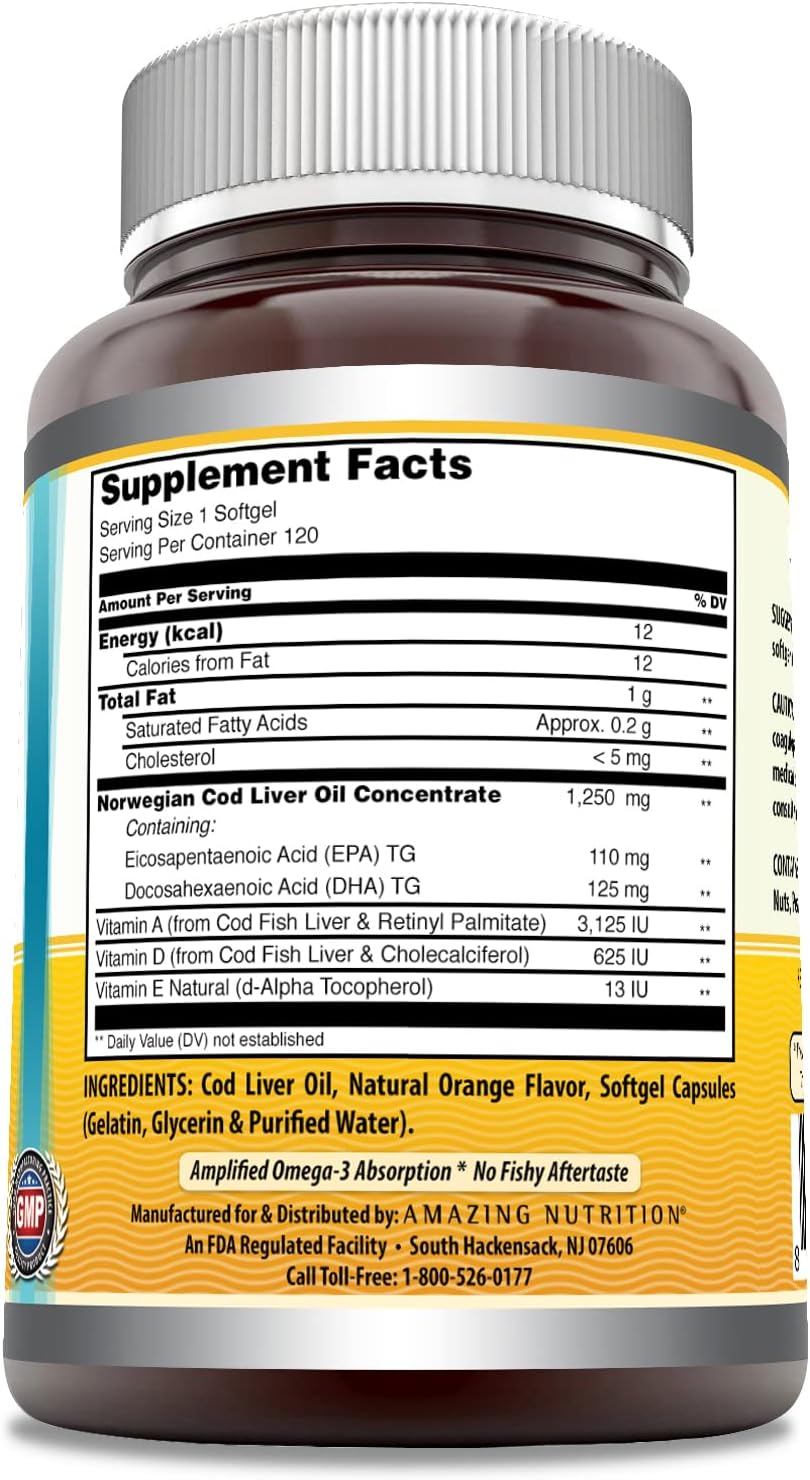 Amazing Omega Norwegian Cod Liver Oil 1250 mg 120 Softgels Supplement (Fresh Orange Flavor)