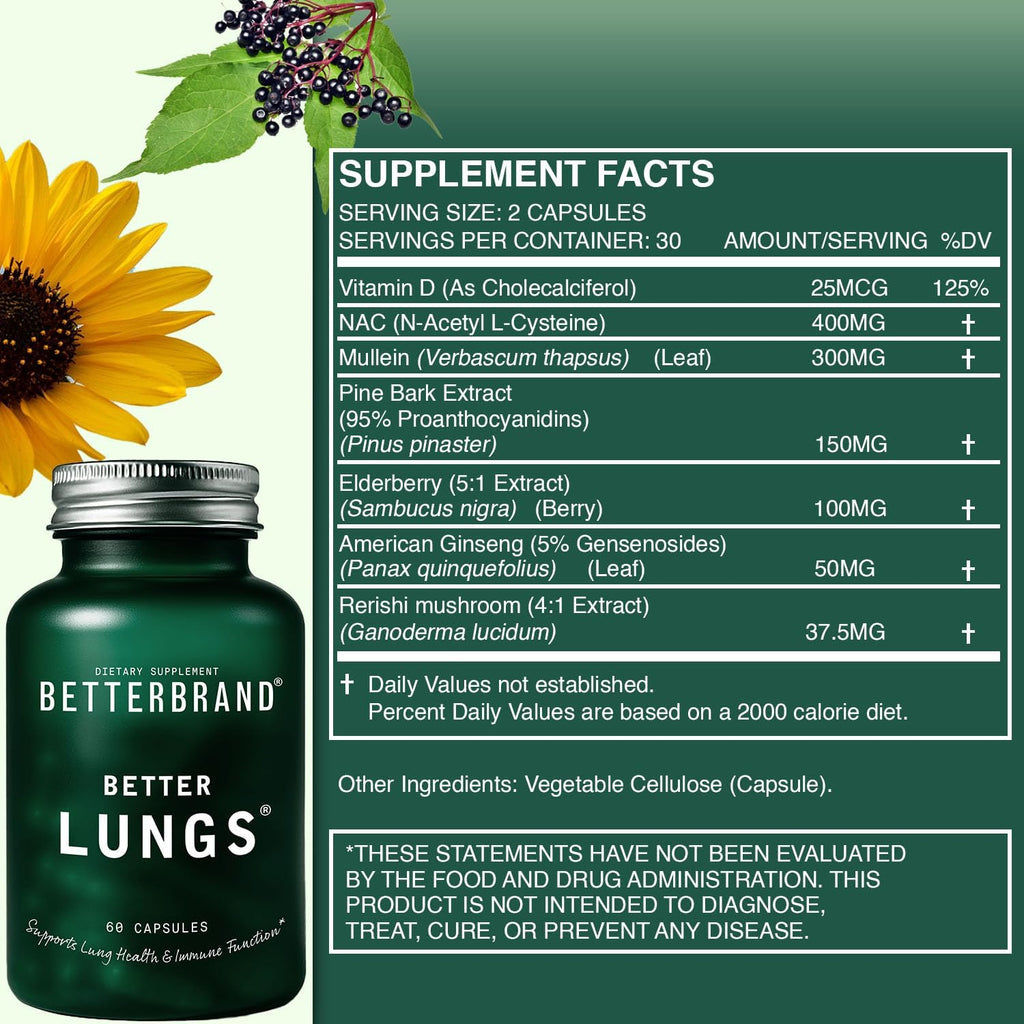 Betterbrand Mullein Leaf Extract for Lungs – Lung Support with Elderberry, Vitamin D, Ginseng & Reishi – Healthy Flow Cleanse & Immune Support– 60 Capsules