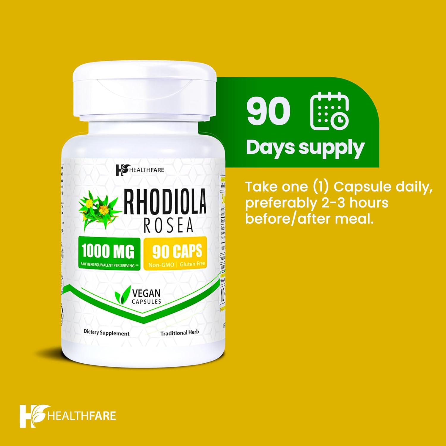 Healthfare Rhodiola Rosea Supplement 1000mg | 90 Vegan Capsules | Extra Strength Adaptogenic Herb Formula | Supports Energy, Stress & Focus | Non-GMO, Gluten-Free | Made in USA