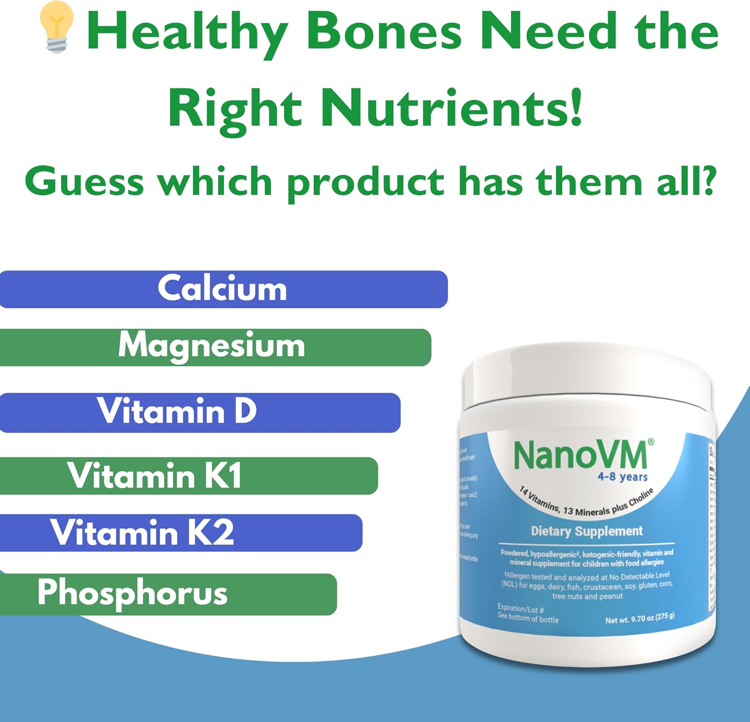 4-8 Years, Allergen-Free Kids Multivitamin, Unflavored Powdered Vitamins, Multivitamin Powder with 14 Vitamins & 13 Minerals, Low-Carbohydrate Vitamin Supplements, 275g - Solace Nutrition
