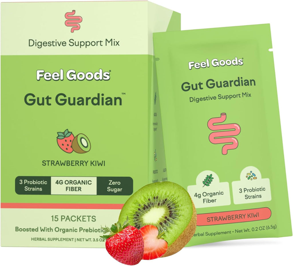 Feel Goods Gut Guardian, Organic Fiber, Probiotic & Prebiotic Powder, Sugar Free, Herbs for Bloat, Gut Health Support, Digestive Health for Men & Women, Non GMO, Vegan, Strawberry Kiwi, 15 Count
