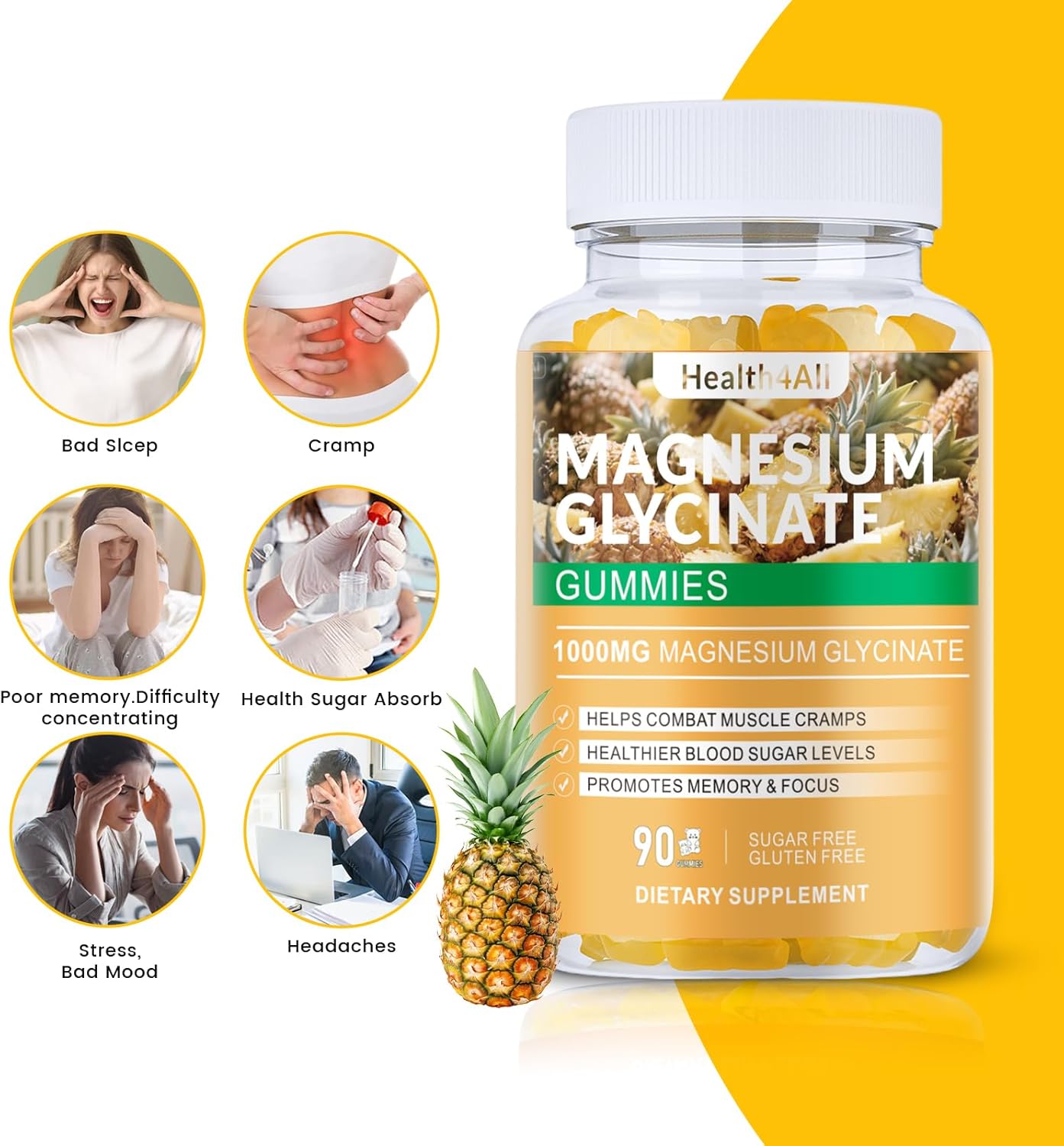 Magnesium Glycinate Gummies 1000mg, High Absorption Sugar Free Magnesium Potassium Supplement for Relaxation, Stress Relief, and Sleep Support for Adults & Kids - 180 Pineapple Gummies