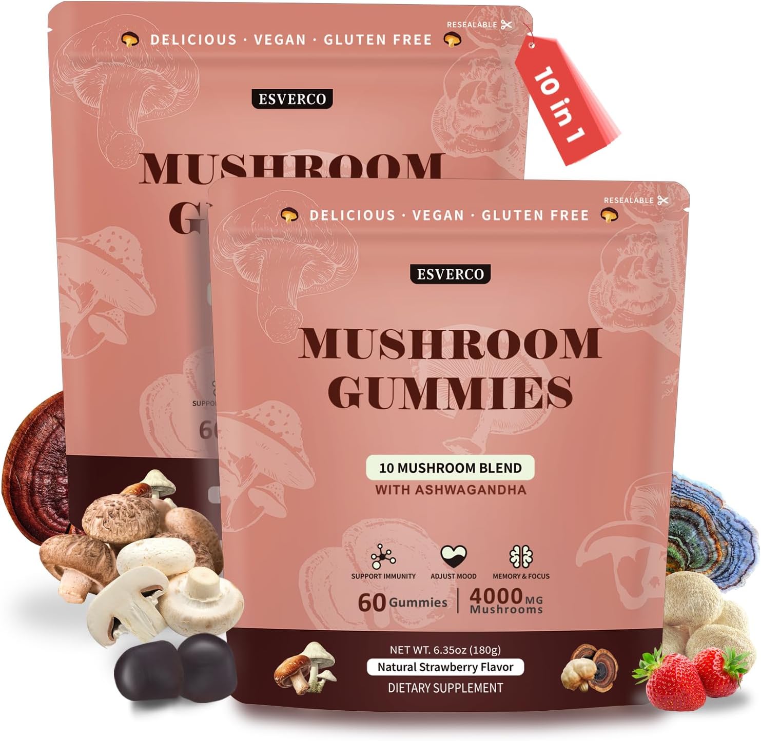 Lions Mane Mushroom Gummies for Adults, 4000mg Mushroom Extract & 250mg Ashwagandha, Cognitive Support, Mood, Brain Health & Memory, Energy, Reishi, Cordyceps, Turkey Tail, Chaga, Vegan, 120 Count