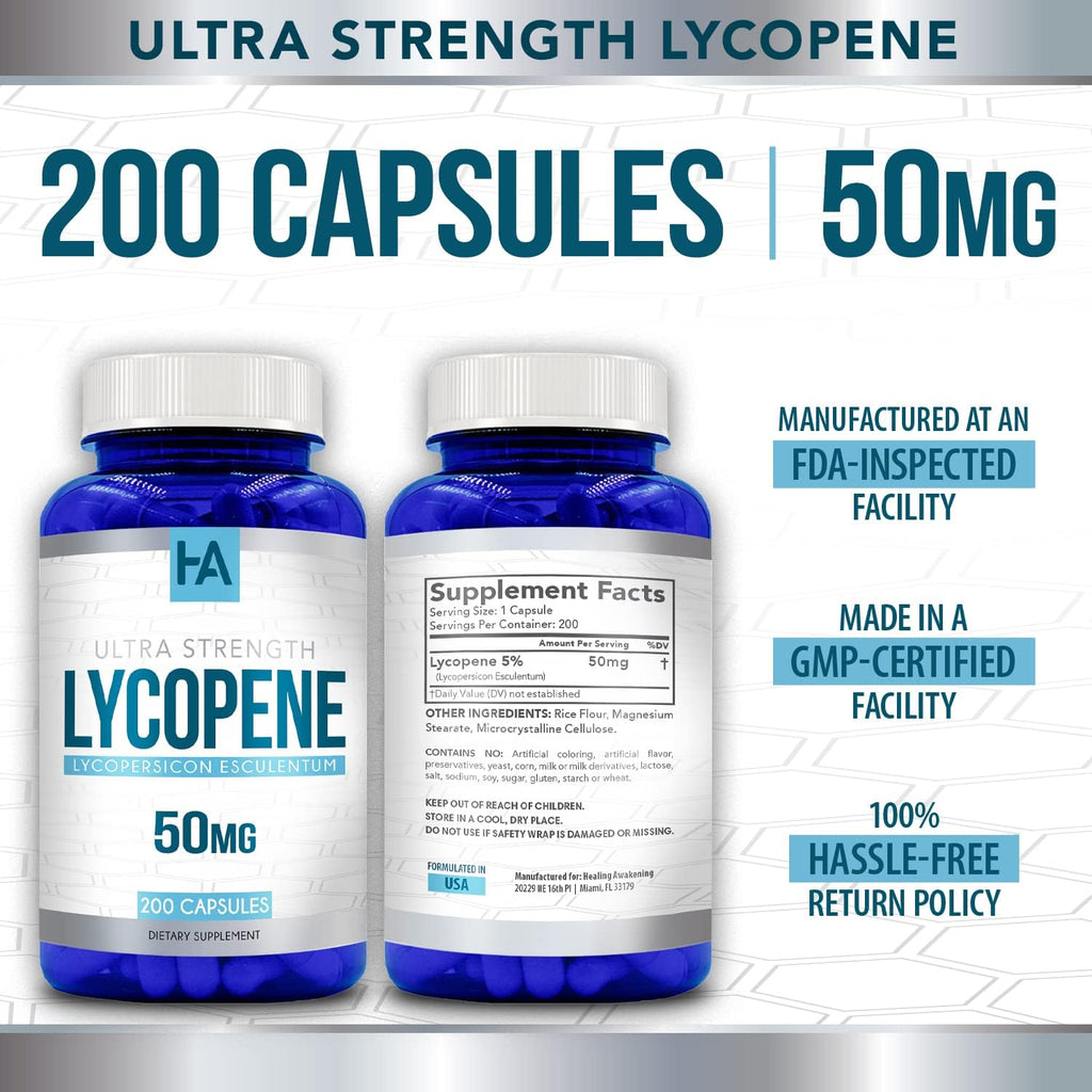 Naturally Derived Lycopene Supplement | Tomato Based Lycopene 50mg Antioxidant and Carotenoid Supplement for Heart and Prostate Support | Vegan Non-GMO & Made in US cGMP Labs (200 Veggie Capsules)