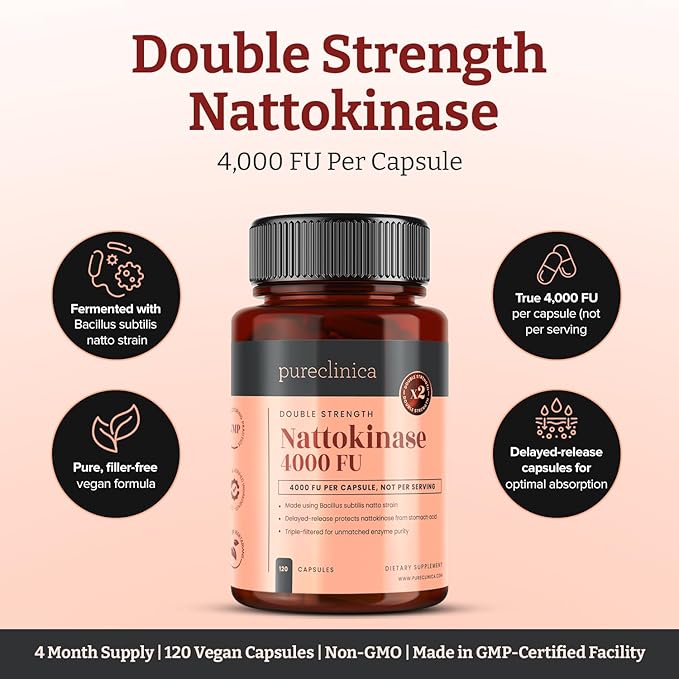 Nattokinase 4,000 FU per Capsule – 120 Vegan Capsules – High Potency – Delayed-Release – Non-GMO Soy-Derived – Clean Label – 4 Month Supply – Pure Enzyme from Bacillus subtilis Natto
