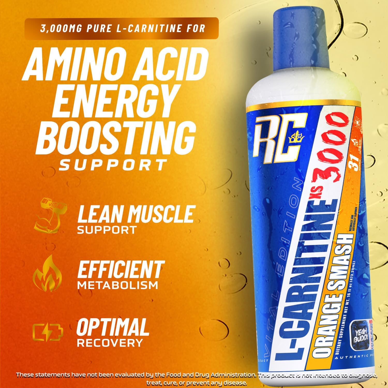 Ronnie Coleman Signature Series L-Carnitine XS 3000 Liquid, Amino Acids Metabolism and Lean Muscle Strength Support, Stimulant Free, Sugar Free, Zero Carbs, Orange Smash, 16 Oz