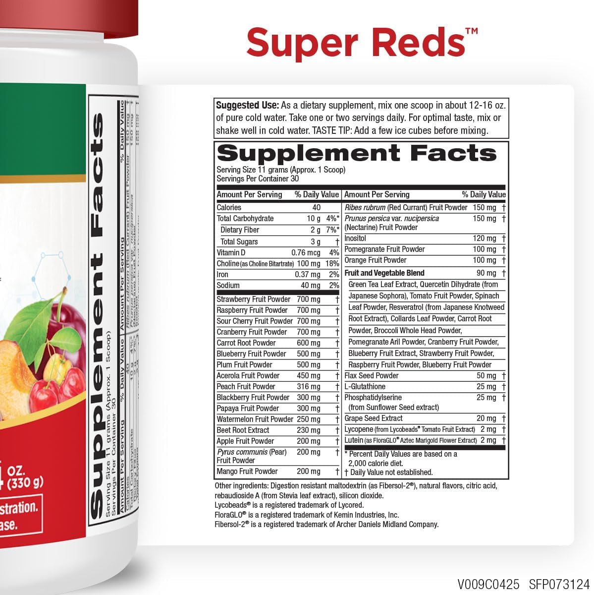 Purity Products Super Reds Powder Phytonutrient Superfood Drink Mix w/FloraGLO Lutein - Phytonutrient Blend containing Polyphenols, Antioxidants & More - 330 Grams - 30 Day Supply