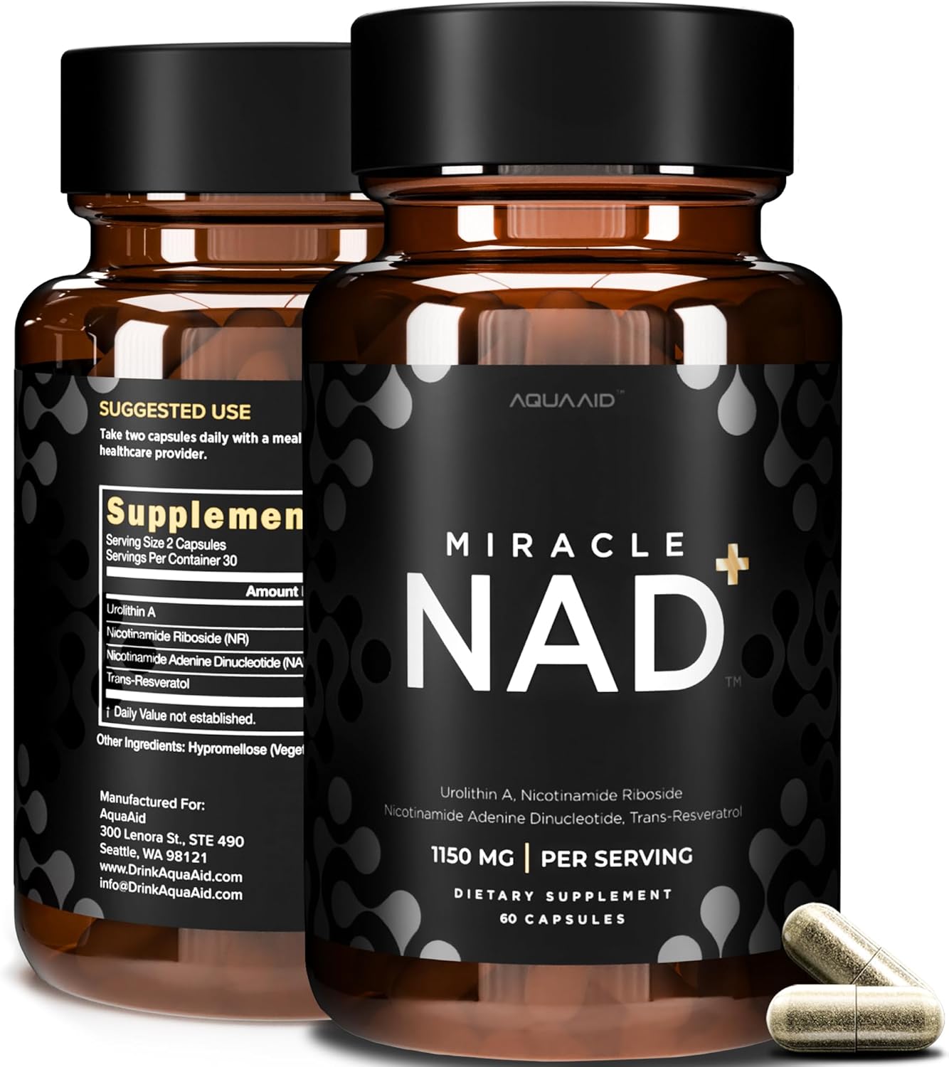 Miracle NAD Supplement - Urolithin A, Nicotinamide Riboside NR, NAD+, Trans Resveratrol 1150 mg for Men and Women - Anti Aging, Cellular Repair, NMN Alternative - 3rd Party Tested 60 Capsules
