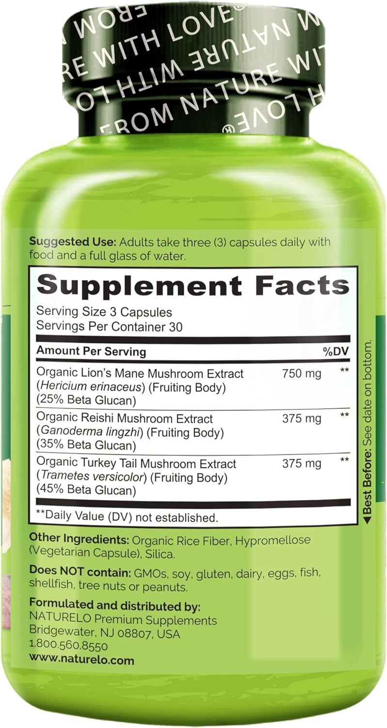 NATURELO Mushroom Supplement – Brain & Immune Health Blend with Lion’s Mane, Reishi, Turkey Tail – 90 Vegan Friendly Capsules