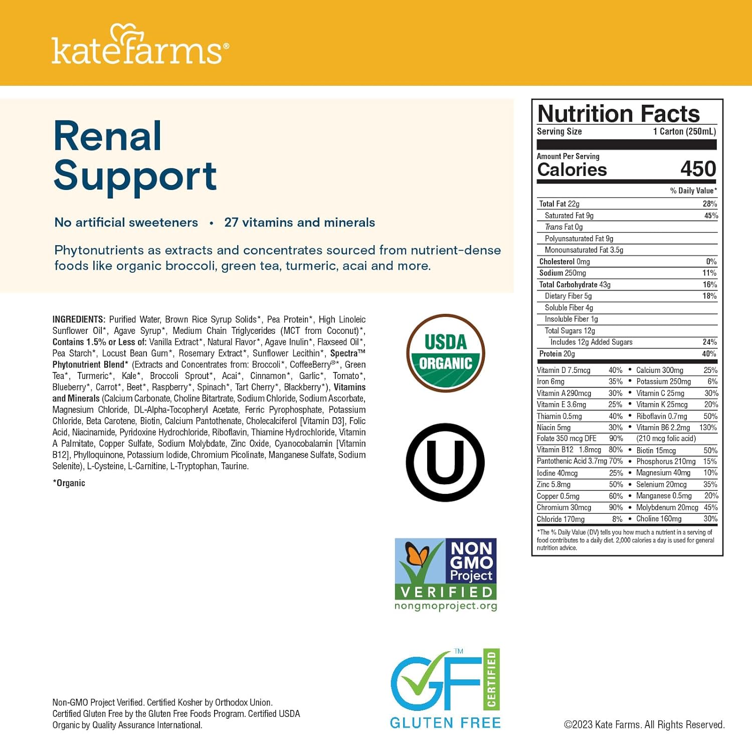 KATE FARMS Organic 1.8 Renal Support Shake, Vanilla, 20g Protein, 27 Vitamins and Minerals, Specialized Dialysis Nutrition Support, 8.45 oz (12 Pack)