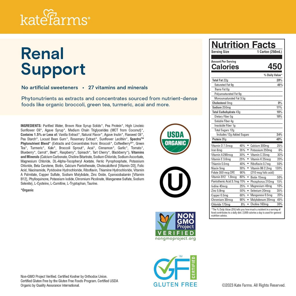 KATE FARMS Organic Plant Based 1.8 Renal Support Shake, Vanilla, 20g Protein, 27 Vitamins and Minerals, Specialized Dialysis Nutrition Support, Gluten Free and Non-GMO 8.45 oz (6 Pack)