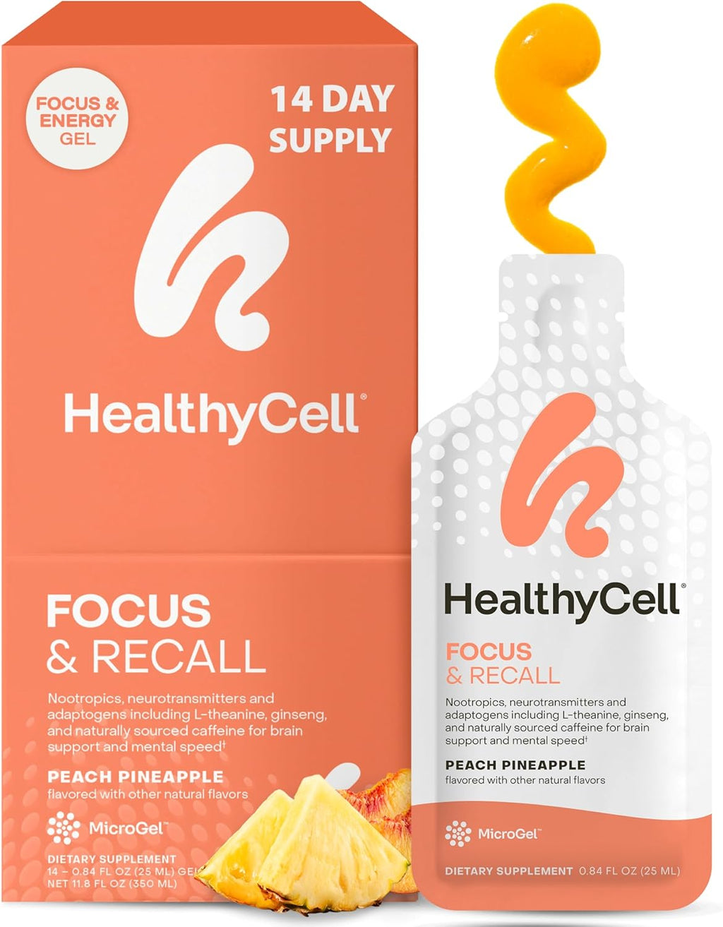 Healthycell Focus & Recall, Daily Liquid Brain Supplement for Focus & Memory - Nootropics Supplement for Concentration & Alertness with L-Theanine, Omega-3 & Taurine - 14 Gel Packs