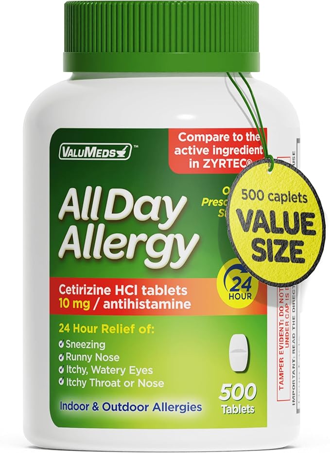 ValuMeds 24-Hour Allergy Medicine Antihistamine for Pollen, Hay Fever, Dry, Itchy Eyes, Allergies | Cetirizine HCl 10mg Caplets, Compare to Leading Brand (500 Count)