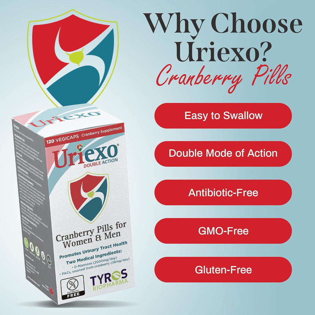 Uriexo Double Action Capsules, Cranberry Pill for Women and Men Supplement, Urinary Tract Cleanse and Protect Supports Wellness & Confidence - 30 Days Supply