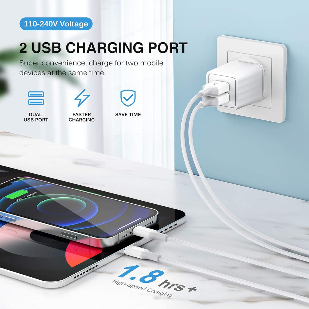 iPhone Fast Charger,2Pack Dual Port Wall Charger with Fast Charging 6.6FT Long Nylon Braided USB to Lightning Cable Cord Double Wall Charger Adapter Block Plug for iPhone 14 13 12 Pro Max 11 SE iPad