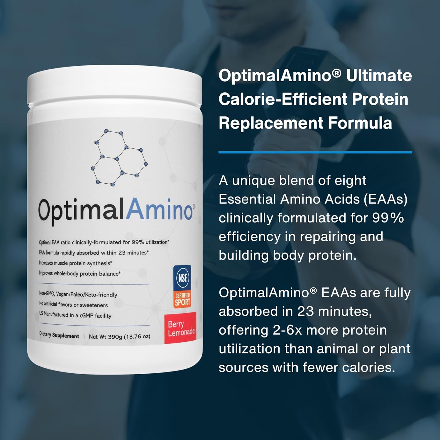 OptimalAmino® Best Pre/Post Workout Recovery Drink, 99% Utilization Essential Amino Acid Supplement, NSF Certified for Sport® Certified