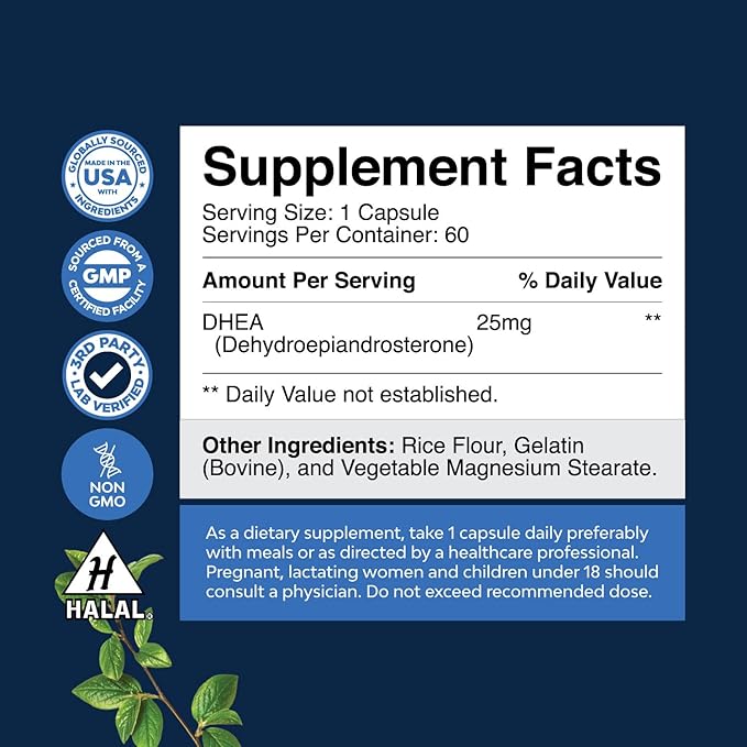 DHEA Supplement for Women & Men - Pure DHEA 25mg for Hormone Balance, Improves Mood Stability, Brain Function, Immune System, Energy & Fertility - Dehydroepiandrosterone Capsules for Adults - 60 Ct