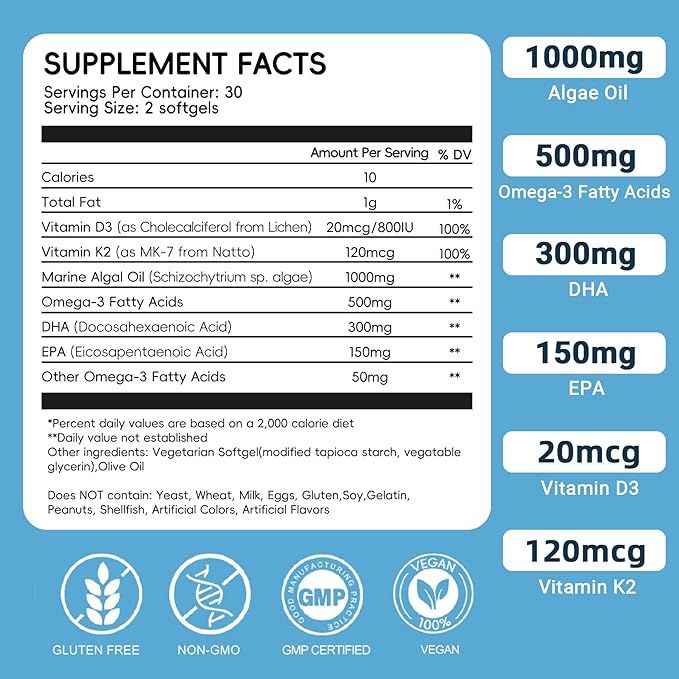 Vegan Omega 3 Softgels | 1000mg Algae Oil as Fish Oil Alternative | 300mg DHA + 150mg EPA | Omega 3 Supplements with Vitamin D3 & K2 for Brain, Eye, Skin& Immunity | 60 Count