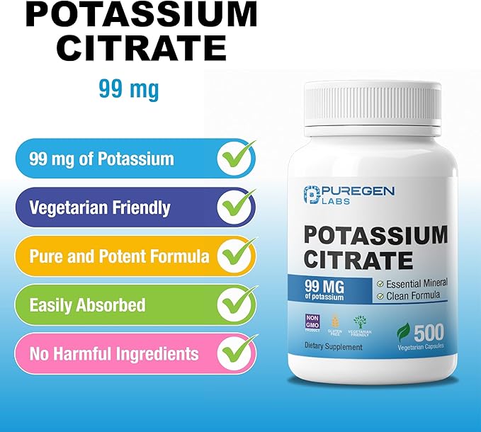 Puregen Labs Potassium Citrate 99 mg of Elemental Potassium Supplement | No Harmful Additives | Non-GMO, Gluten Free - 500 Vegetarian Capsules
