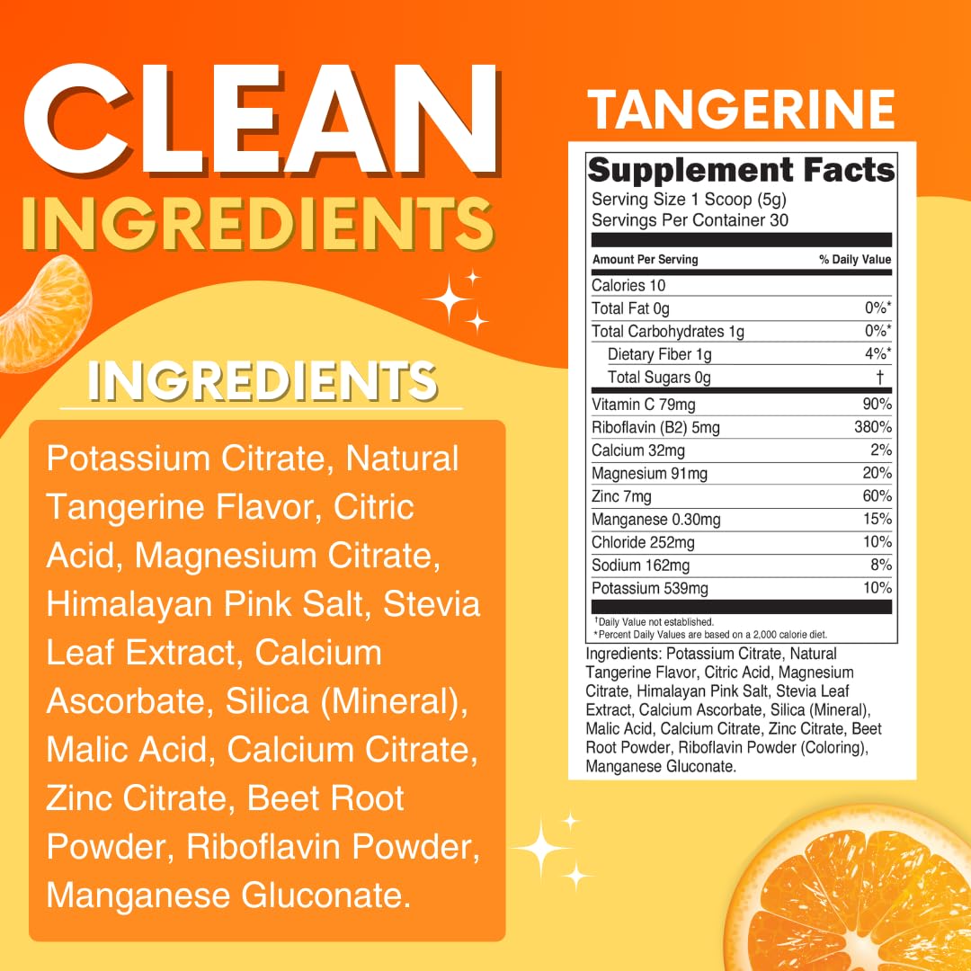 Zero Sugar - Tangerine Electrolytes Powder - Refreshing Hydration - Caffeine Free Energy with All Natural Ingredients - Vegan, Keto & Paleo - Sugar Free Electrolytes Hydration Drink Mix - 30 Servings