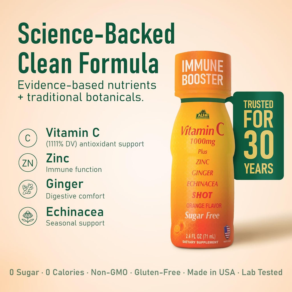 ALFA VITAMINS Vitamin C Shot 1000mg with Zinc, Ginger & Echinacea – Supports Immune Health & Daily Wellness – Orange Flavor – 2.4 FL Oz Bottle – 20 Pack