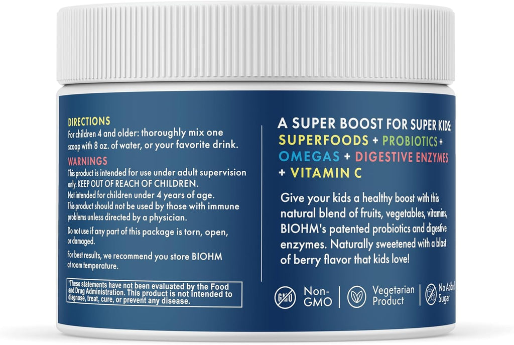 BIOHM Super Kids Superfood Powder Plus Probiotics, (5.3 Oz, 30 Servings) Delicious Berry Blast, Antioxidants, Omega 3 & Vitamin C, Non-GMO, Dairy Free, No Artificial Ingredients, Vegetarian, Ages 4+