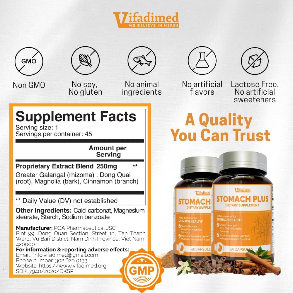 Stomach Plus, Stomach Lining Support, Acid Digestive Balance, with Galangal, Dong Quai, Cinnamon & Magnolia-4 Bottles