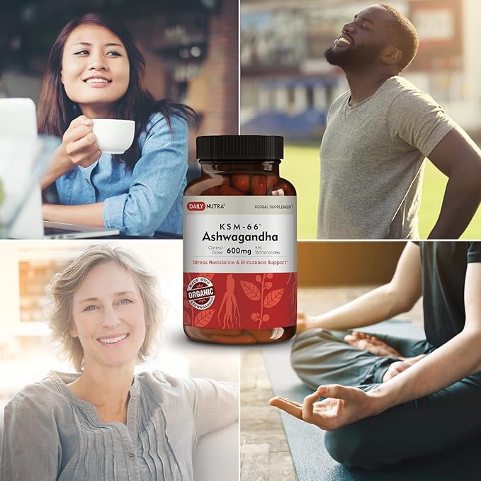 DailyNutra KSM-66 Ashwagandha 600mg Organic Root Extract - High Potency Supplement with 5% Withanolides | Relieves Tiredness, Supports Relaxation, Focus, Energy, & Muscle Growth (60 Capsules)
