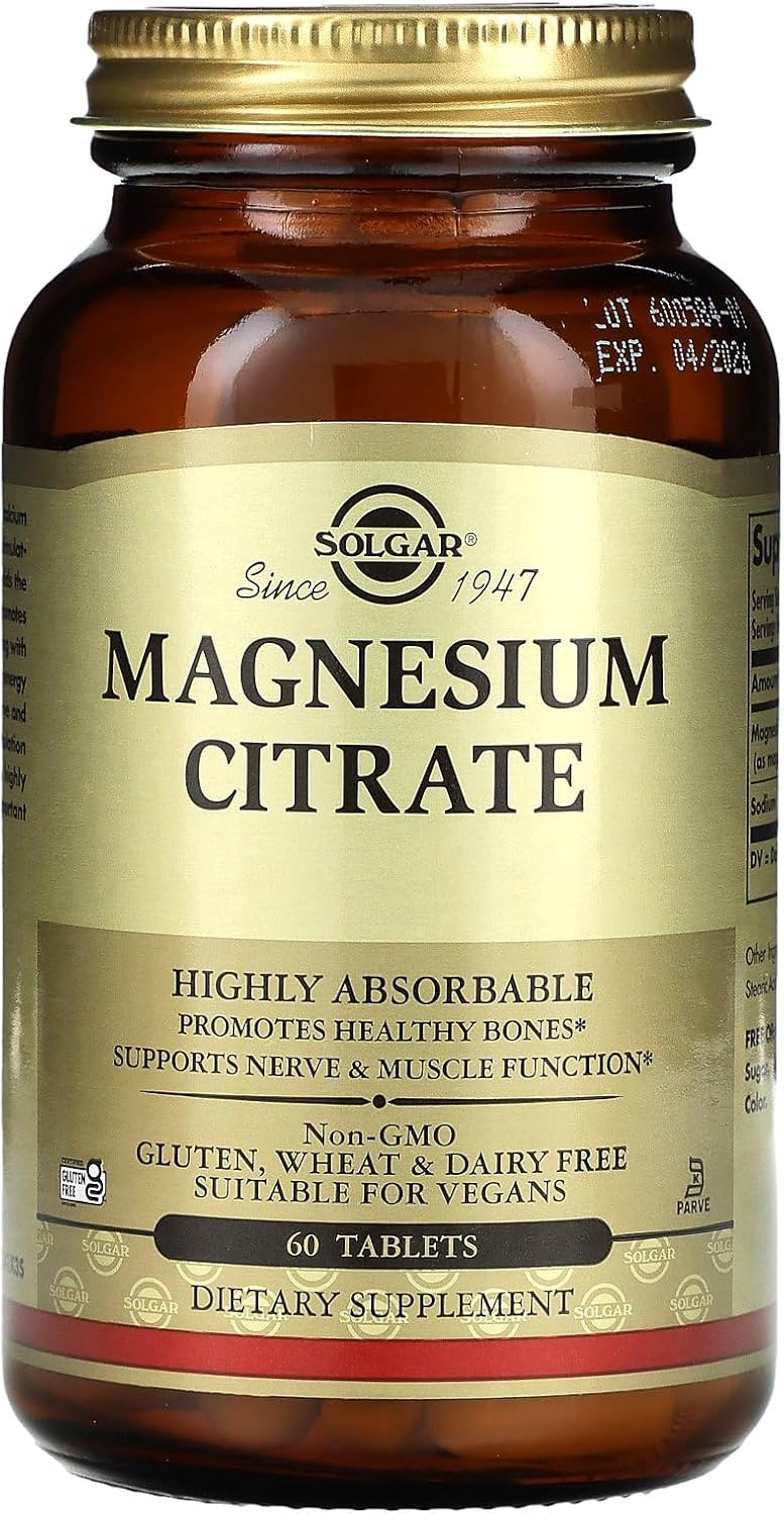 Solgar Magnesium Citrate - 60 Tablets - Supports Nerve & Muscle Function - Highly Absorbable - Non-GMO, Vegan, Gluten Free, Kosher - 30 Servings