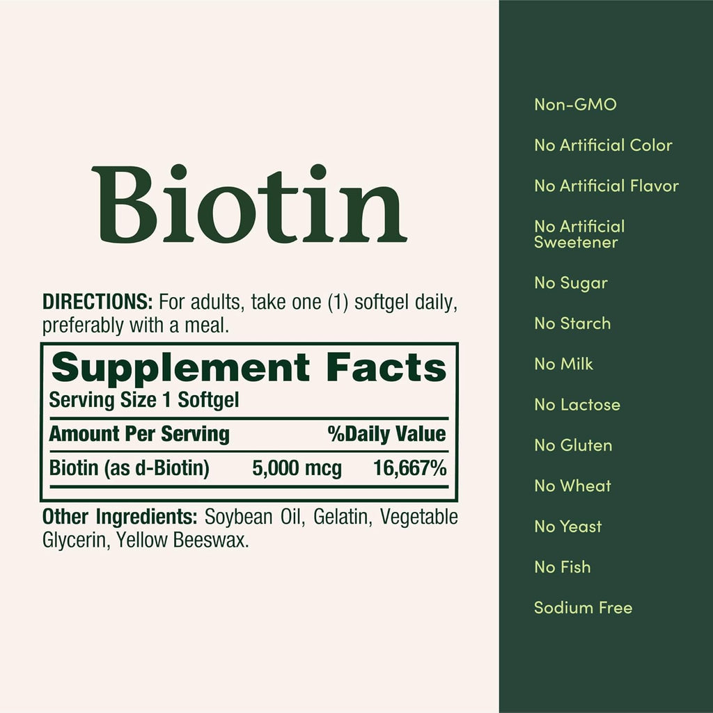 Nature's Bounty Biotin, Vitamin Supplement, Supports Metabolism for Cellular Energy and Healthy Hair, Skin, and Nails, 5000 mcg, 150 Softgels