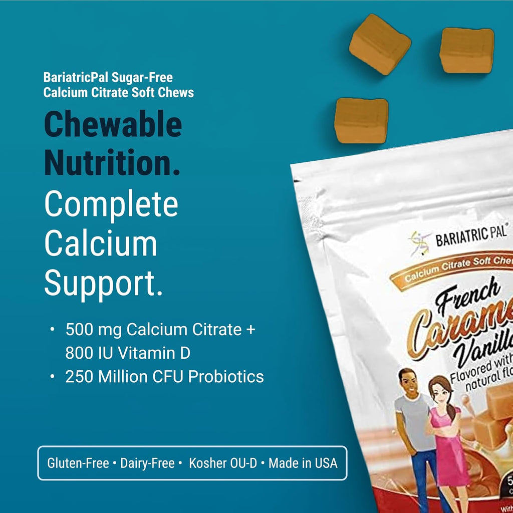 BariatricPal Sugar-Free Calcium Citrate Soft Chews | 500mg with Vitamin D & Probiotics | French Caramel Vanilla | 90 Count (1 Month Supply)