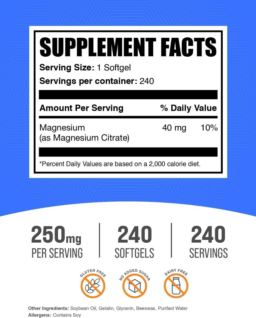 BulkSupplements.com Magnesium Citrate Softgels - Magnesium Supplement, Magnesium Citrate Supplement - 250mg (with 40mg Magnesium), Gluten Free, 1 Softgel per Serving, 240 Count (Pack of 1)