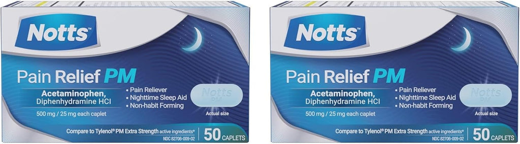 PM Extra Strength Pain Relief & Sleep Aid, 500mg Acetaminophen & 25mg Diphenhydramine HCl, 50 Caplets for Nighttime Aches, Headaches & Body Pain, Non-Habit Forming (Pack of 2)