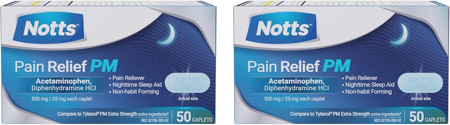 PM Extra Strength Pain Relief & Sleep Aid, 500mg Acetaminophen & 25mg Diphenhydramine HCl, 50 Caplets for Nighttime Aches, Headaches & Body Pain, Non-Habit Forming (Pack of 2)