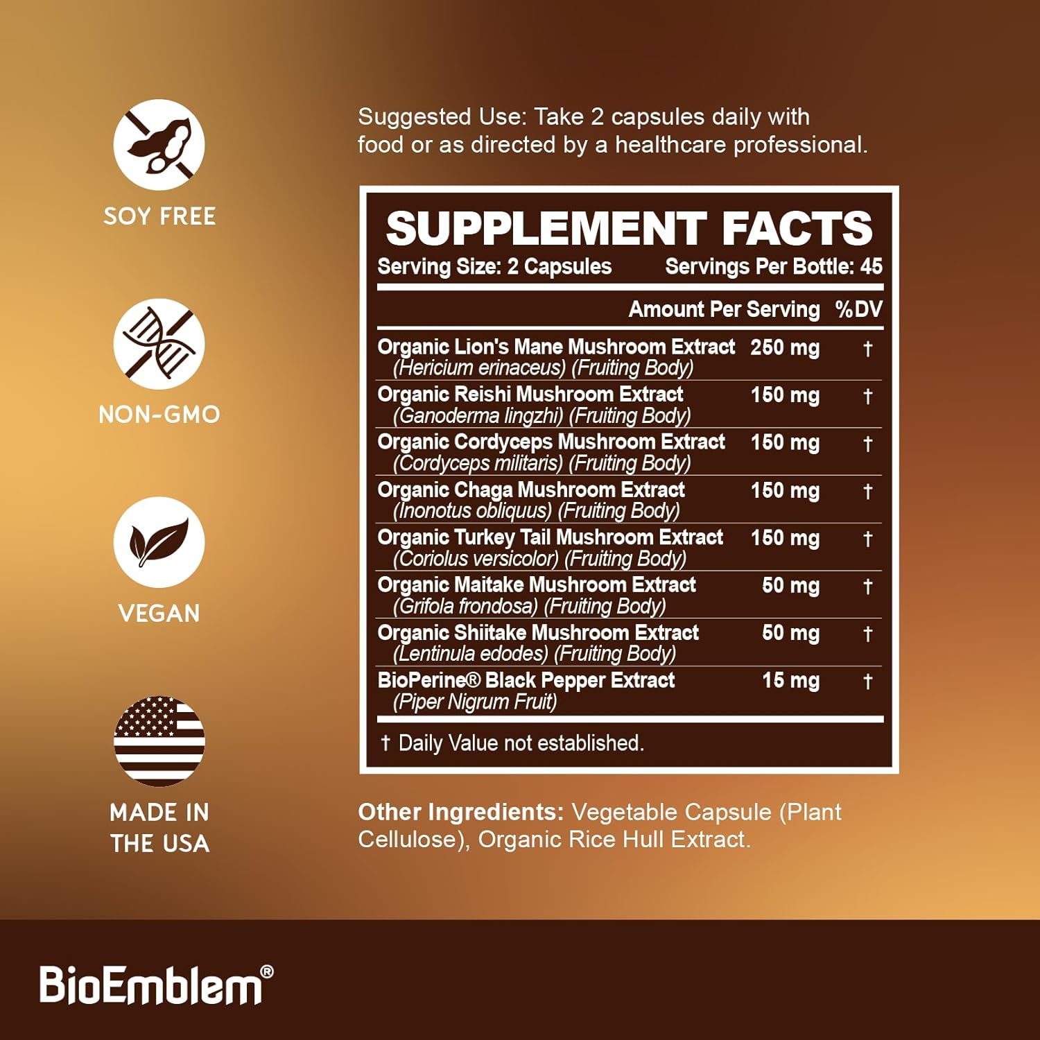 BioEmblem Mushroom Complex - 10:1 Strength and 7 Species - Lions Mane, Reishi, Cordyceps, Chaga, Maitake, Shiitake Mushroom Supplement - Immunity, Energy & Focus, Brain - Non-GMO, Vegan - 90 Caps