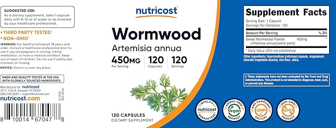 Nutricost Wormwood Capsules 450mg 120 Capsules - Vegetarian Caps, Gluten Free and Non-GMO